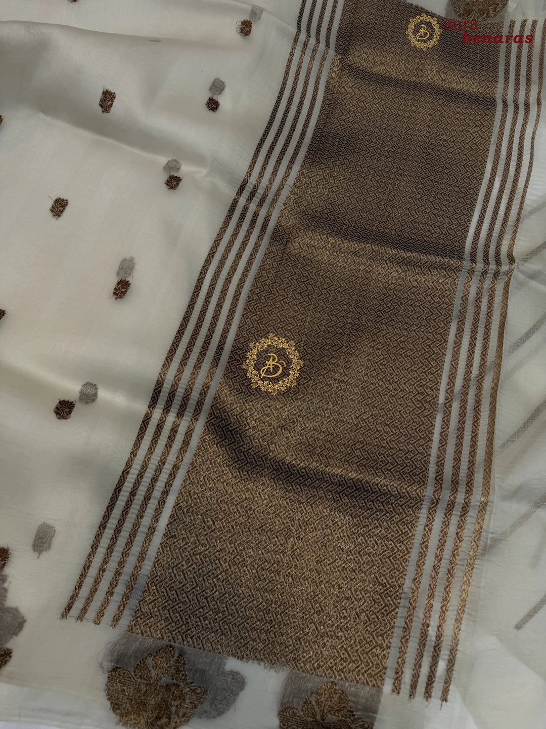 Smokey Grey Kora Silk Banarasi Saree with Antique Zari Elephant Border