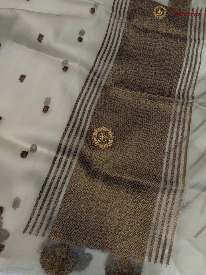 Smokey Grey Kora Silk Banarasi Saree with Antique Zari Elephant Border