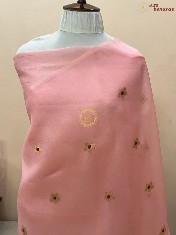 Pastel Peach Pure Kora Silk Handloom Banarasi Saree