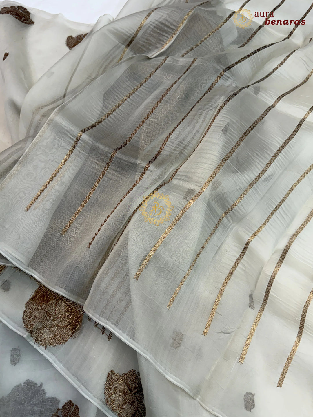 Smokey Grey Kora Silk Banarasi Saree with Antique Zari Elephant Border