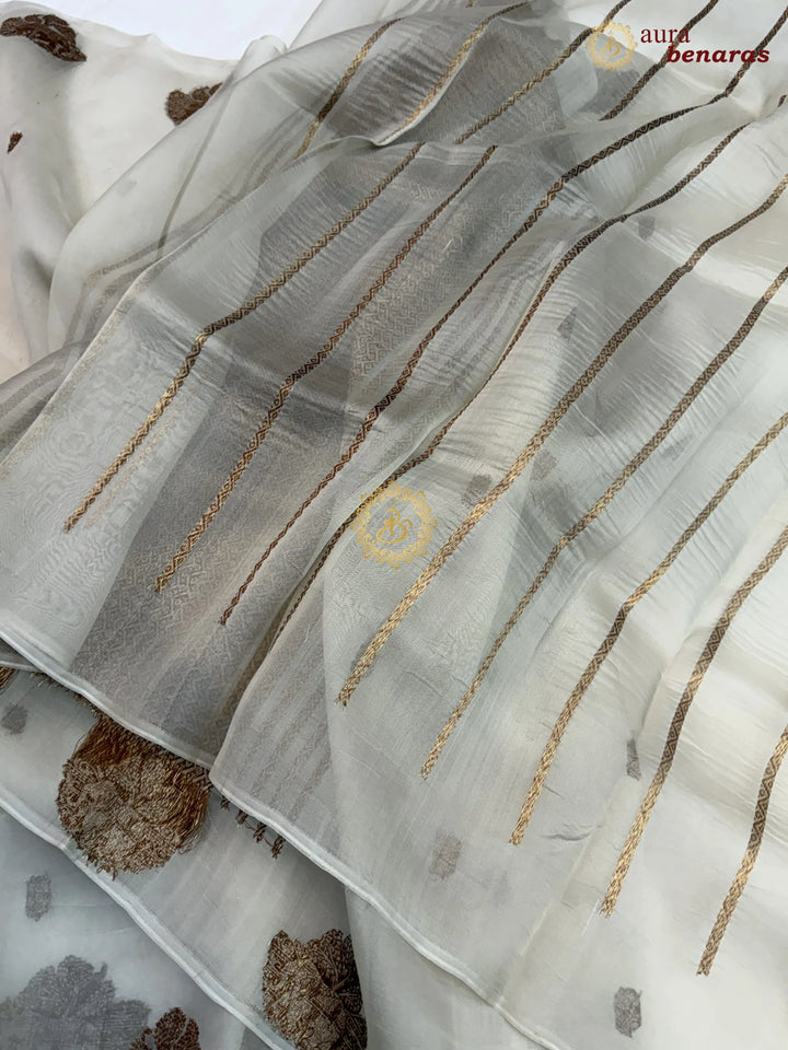 Smokey Grey Kora Silk Banarasi Saree with Antique Zari Elephant Border