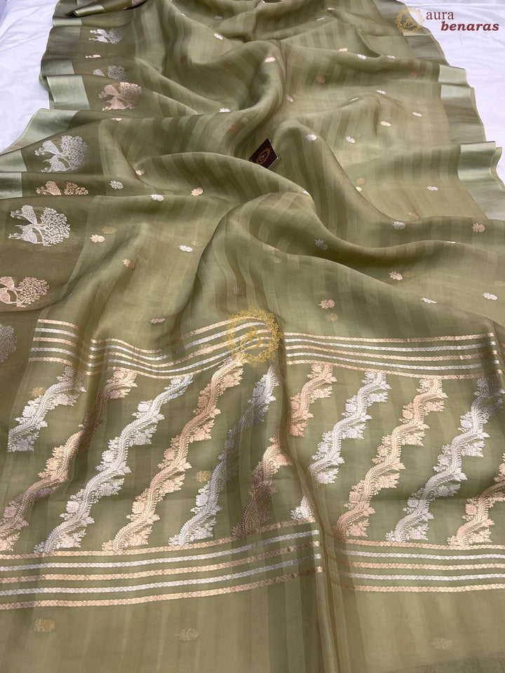 Pastel Olive Green Pure Kora Silk Handloom Banarasi Saree