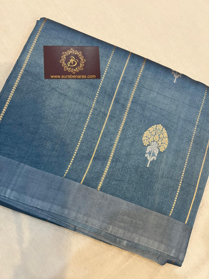 Airforce Blue Pure Banarasi Handloom Silk Saree - Aura Benaras