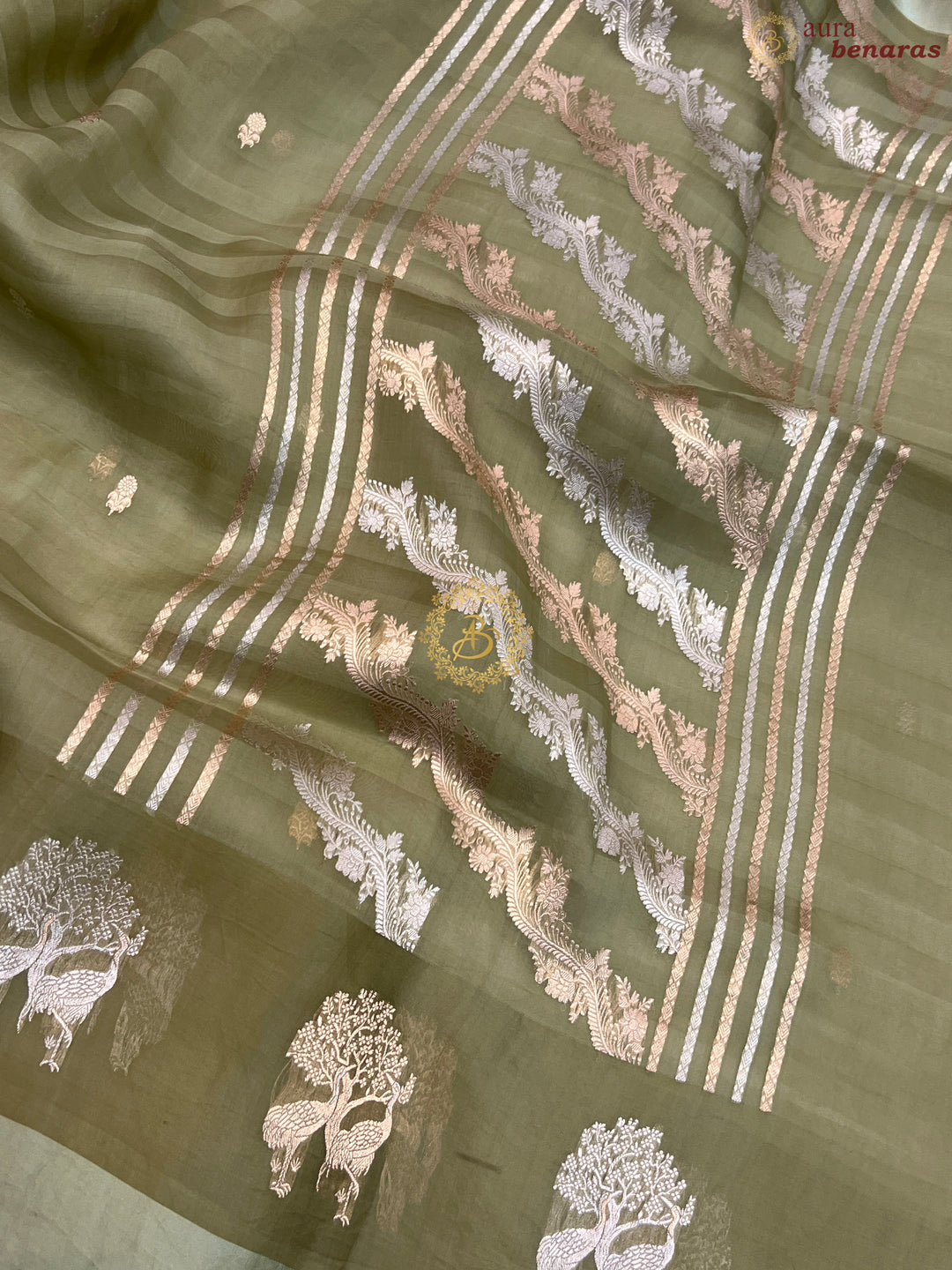 Pastel Olive Green Pure Kora Silk Handloom Banarasi Saree