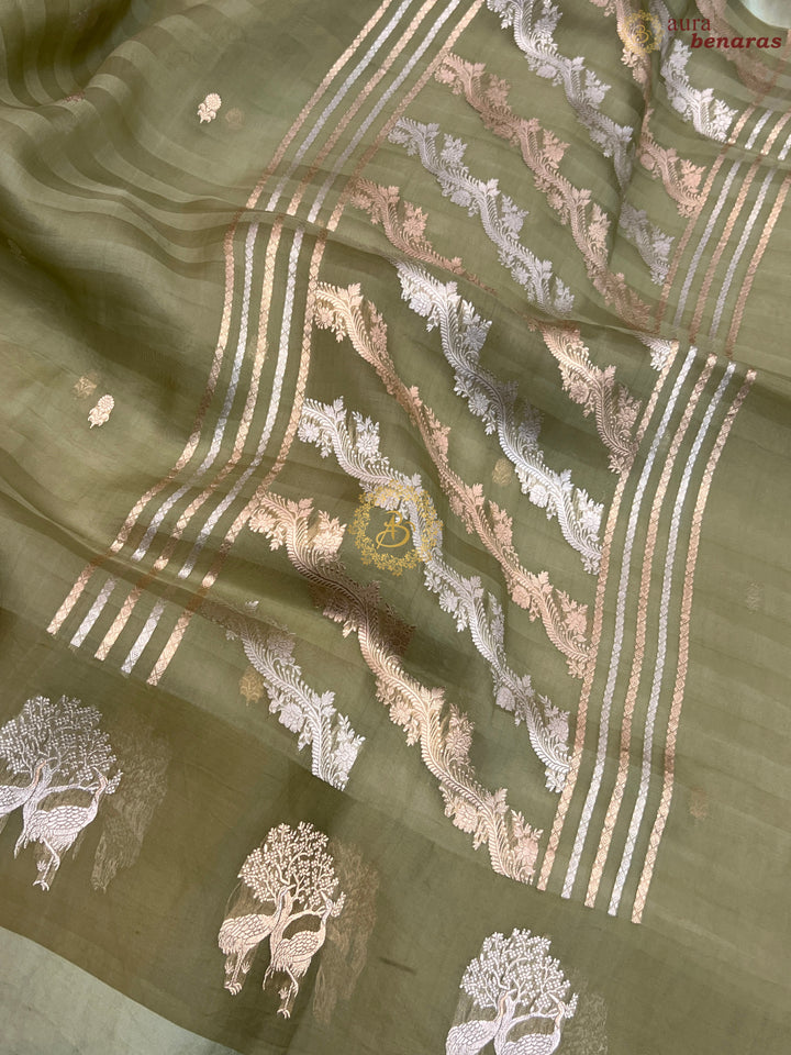 Pastel Olive Green Pure Kora Silk Handloom Banarasi Saree