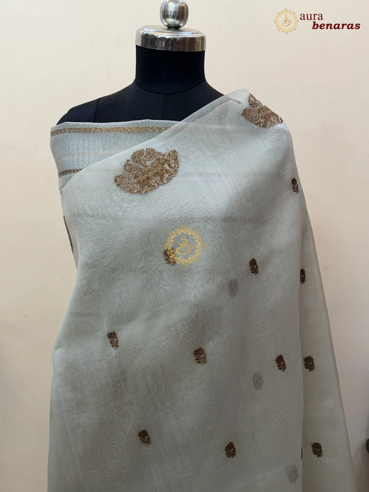 Smokey Grey Kora Silk Banarasi Saree with Antique Zari Elephant Border