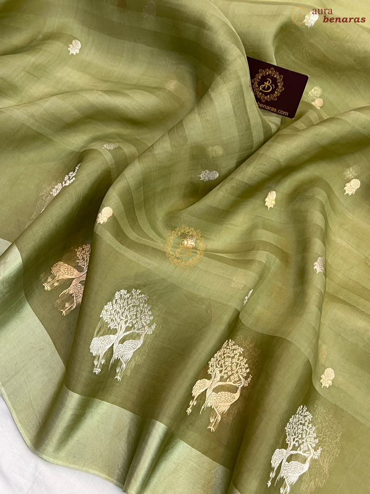Pastel Olive Green Pure Kora Silk Handloom Banarasi Saree