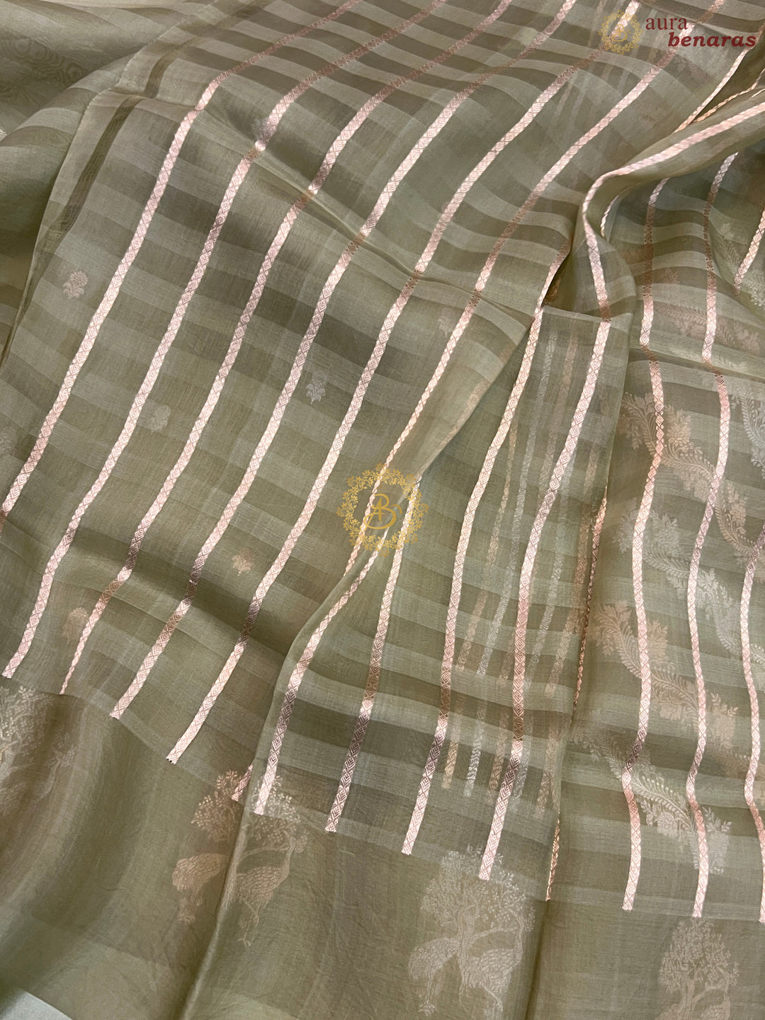 Pastel Olive Green Pure Kora Silk Handloom Banarasi Saree