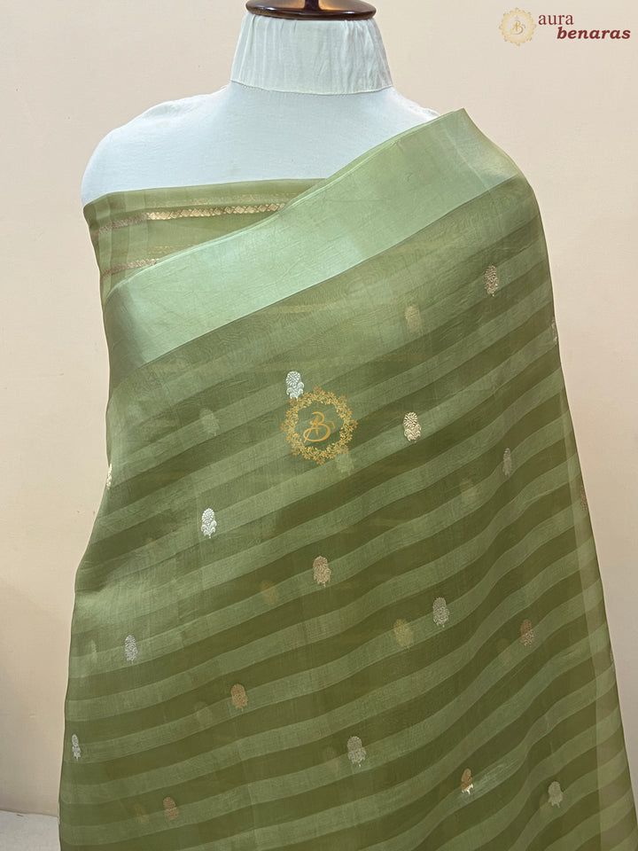 Pastel Olive Green Pure Kora Silk Handloom Banarasi Saree