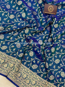 Lillian Sapphire Blue Pure Banarasi Handloom Katan Silk Saree - Aura Benaras