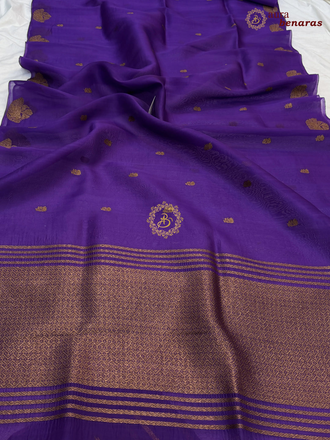Purple Kora Silk Banarasi Saree with Antique Zari Elephant Border