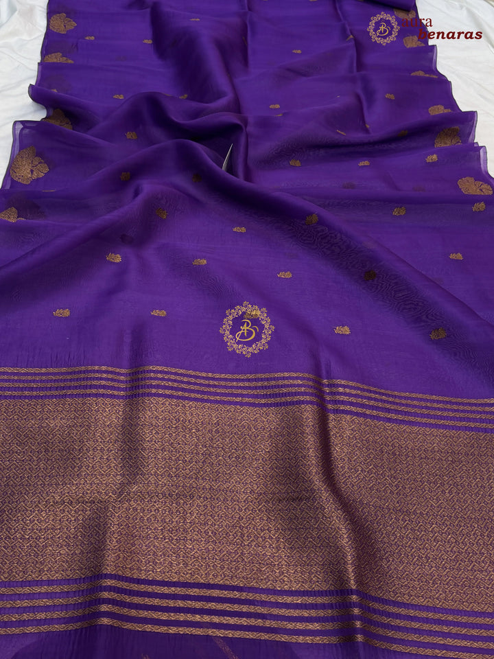 Purple Kora Silk Banarasi Saree with Antique Zari Elephant Border