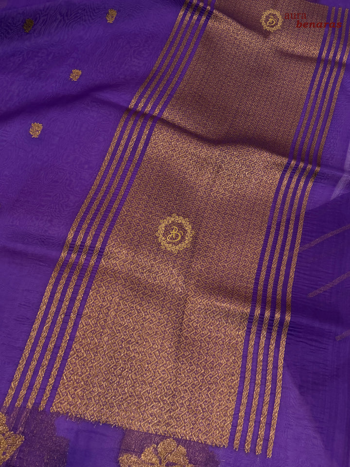 Purple Kora Silk Banarasi Saree with Antique Zari Elephant Border