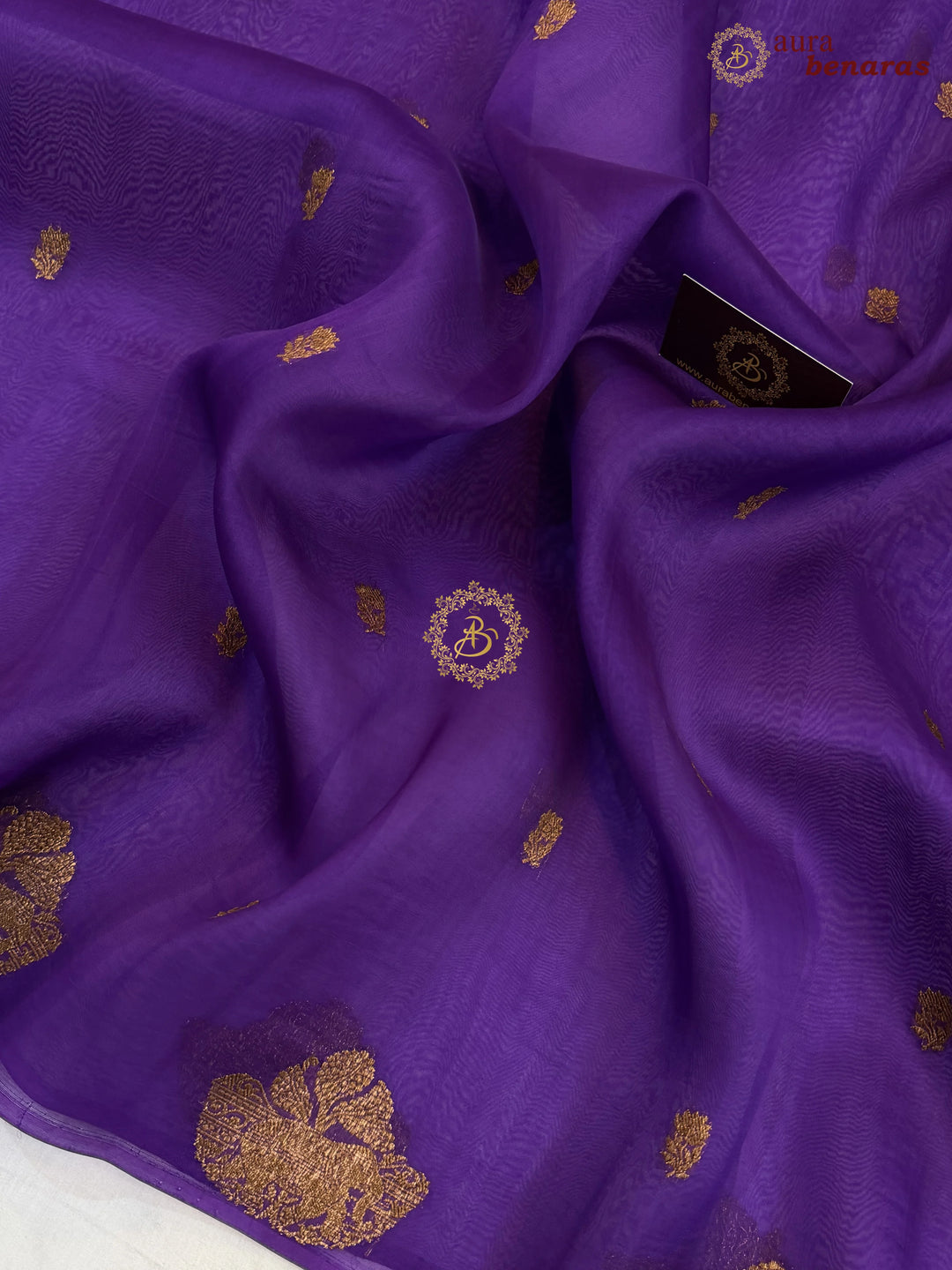 Purple Kora Silk Banarasi Saree with Antique Zari Elephant Border