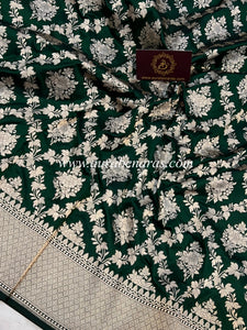 Bottle Green Pure Banarasi Handloom Katan Silk Saree - Aura Benaras