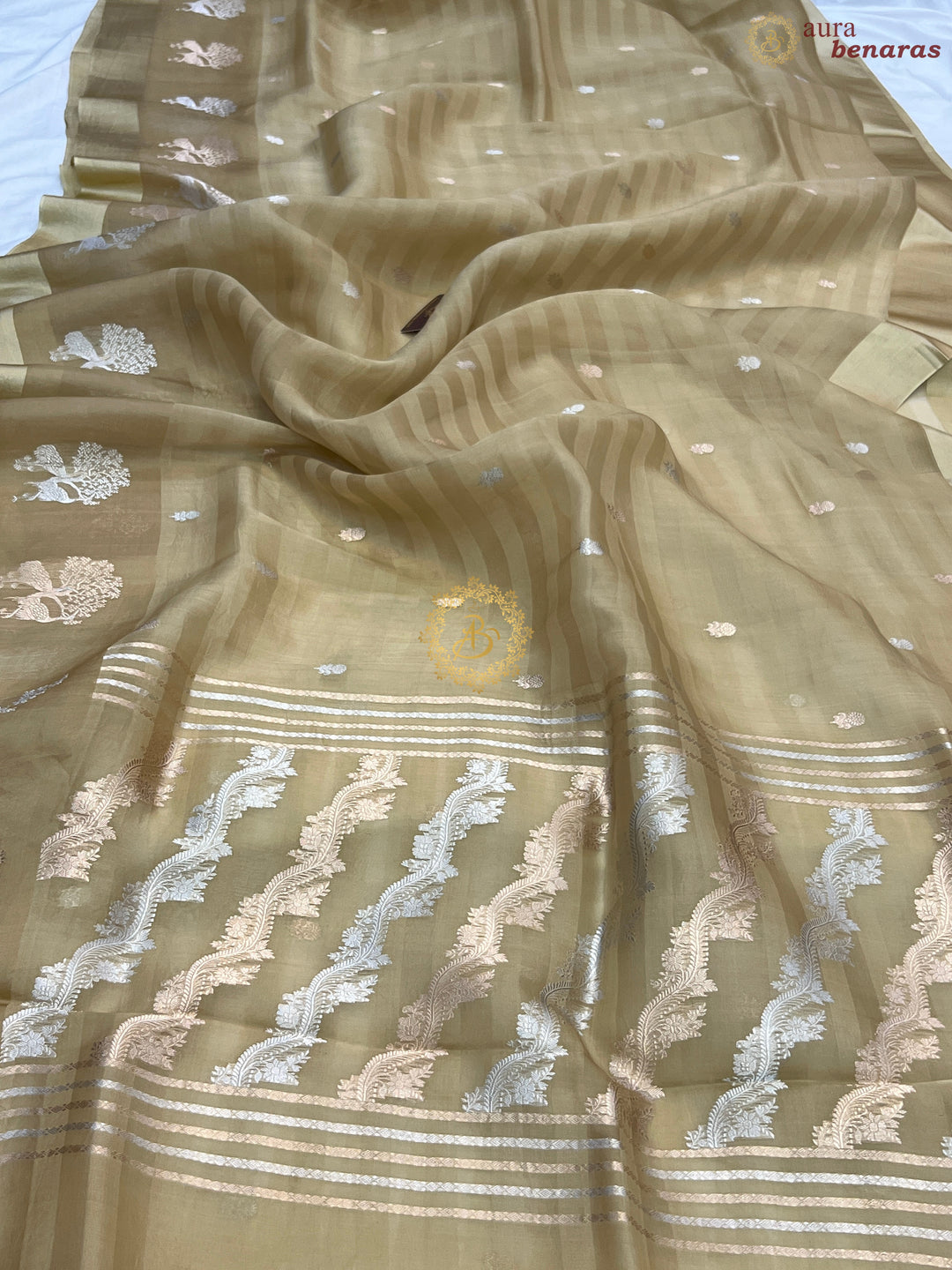 Beige Pure Kora Silk Handloom Banarasi Saree
