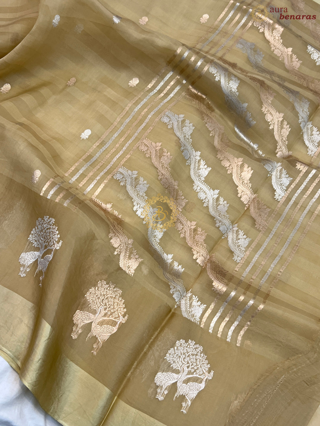 Beige Pure Kora Silk Handloom Banarasi Saree
