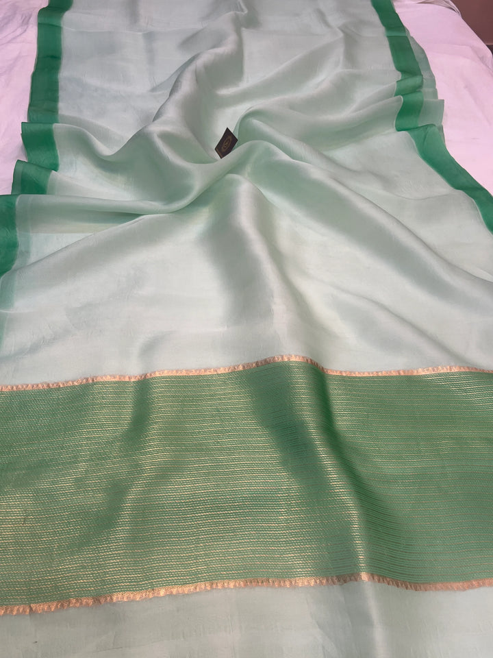 Pastel Mint Green Pure Kora Silk Handloom Banarasi Saree