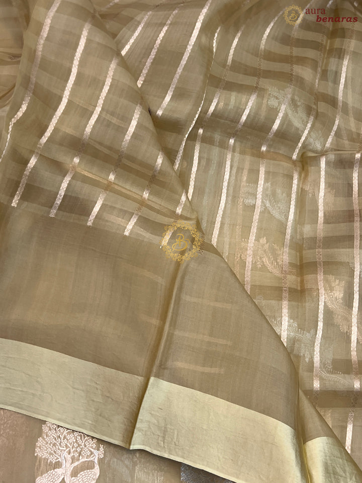 Beige Pure Kora Silk Handloom Banarasi Saree