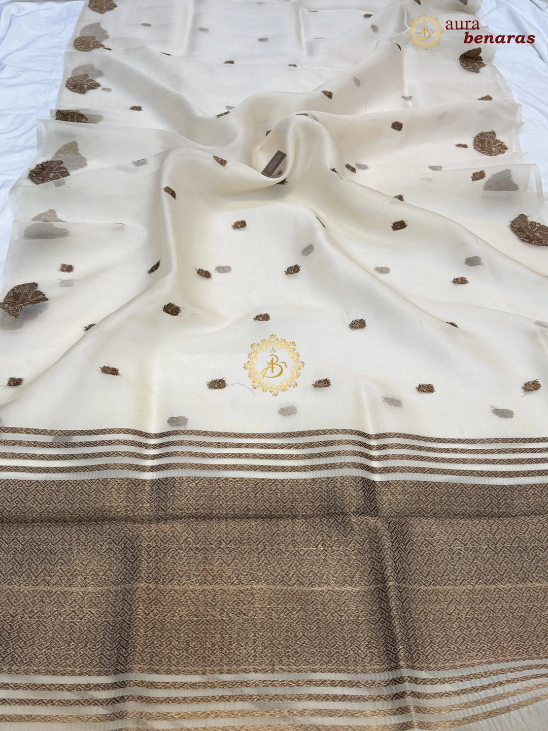 Cream Kora Silk Banarasi Saree with Antique Zari Elephant Border