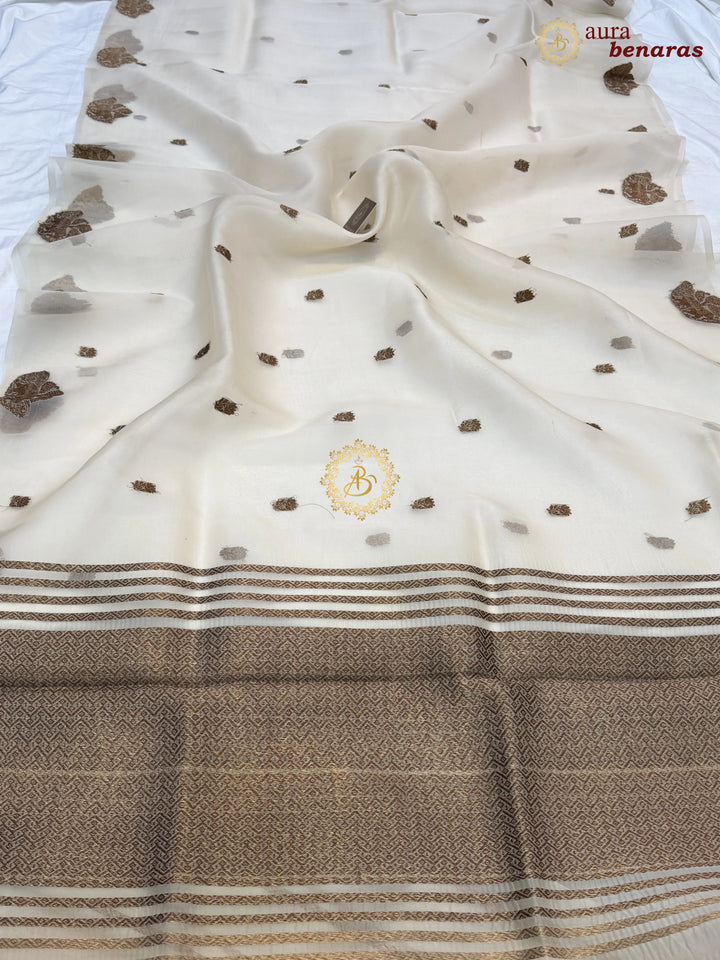 Cream Kora Silk Banarasi Saree with Antique Zari Elephant Border