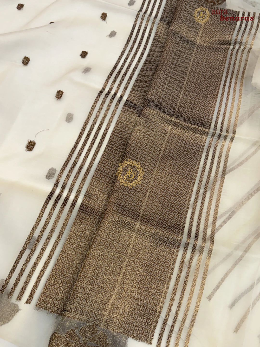 Cream Kora Silk Banarasi Saree with Antique Zari Elephant Border