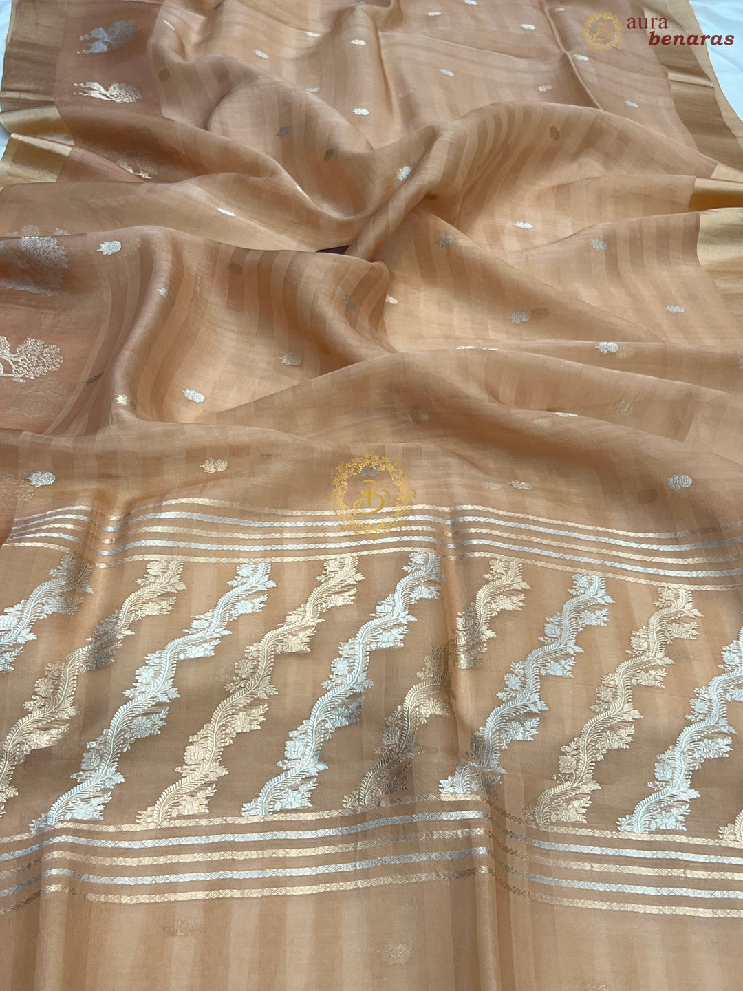 Light Peach Pure Kora Silk Handloom Banarasi Saree