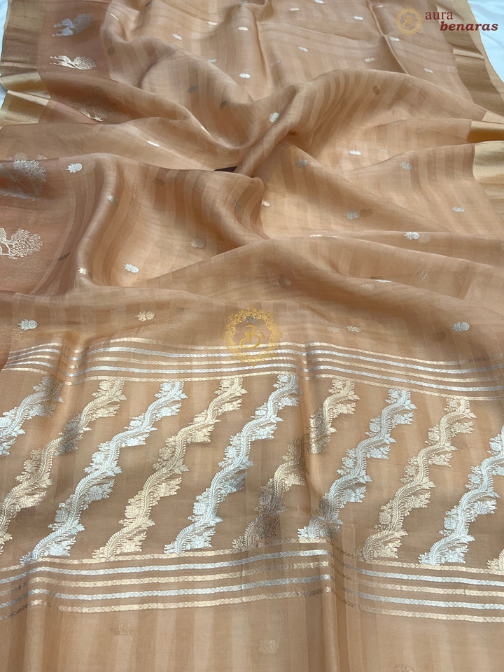 Light Peach Pure Kora Silk Handloom Banarasi Saree