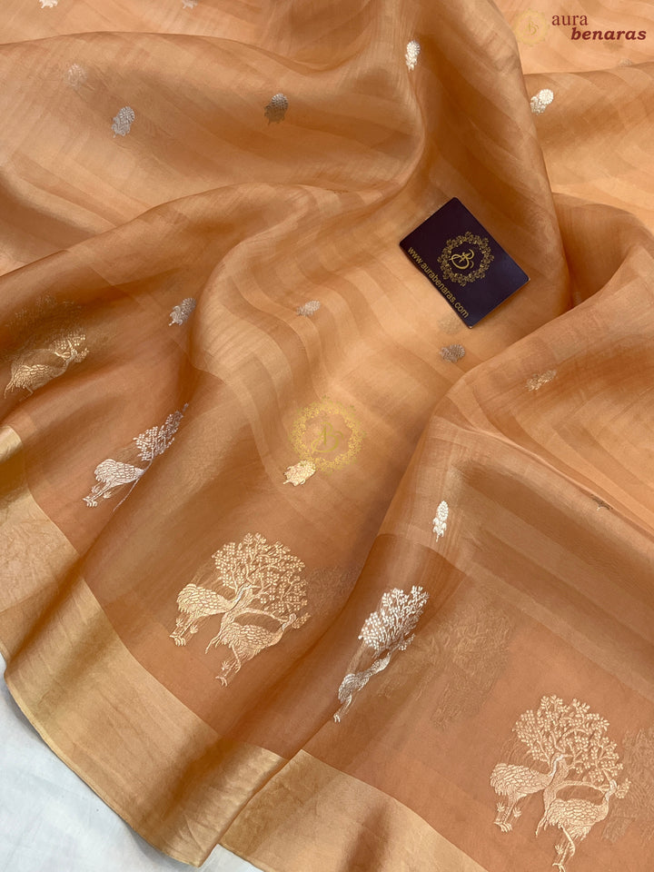 Light Peach Pure Kora Silk Handloom Banarasi Saree