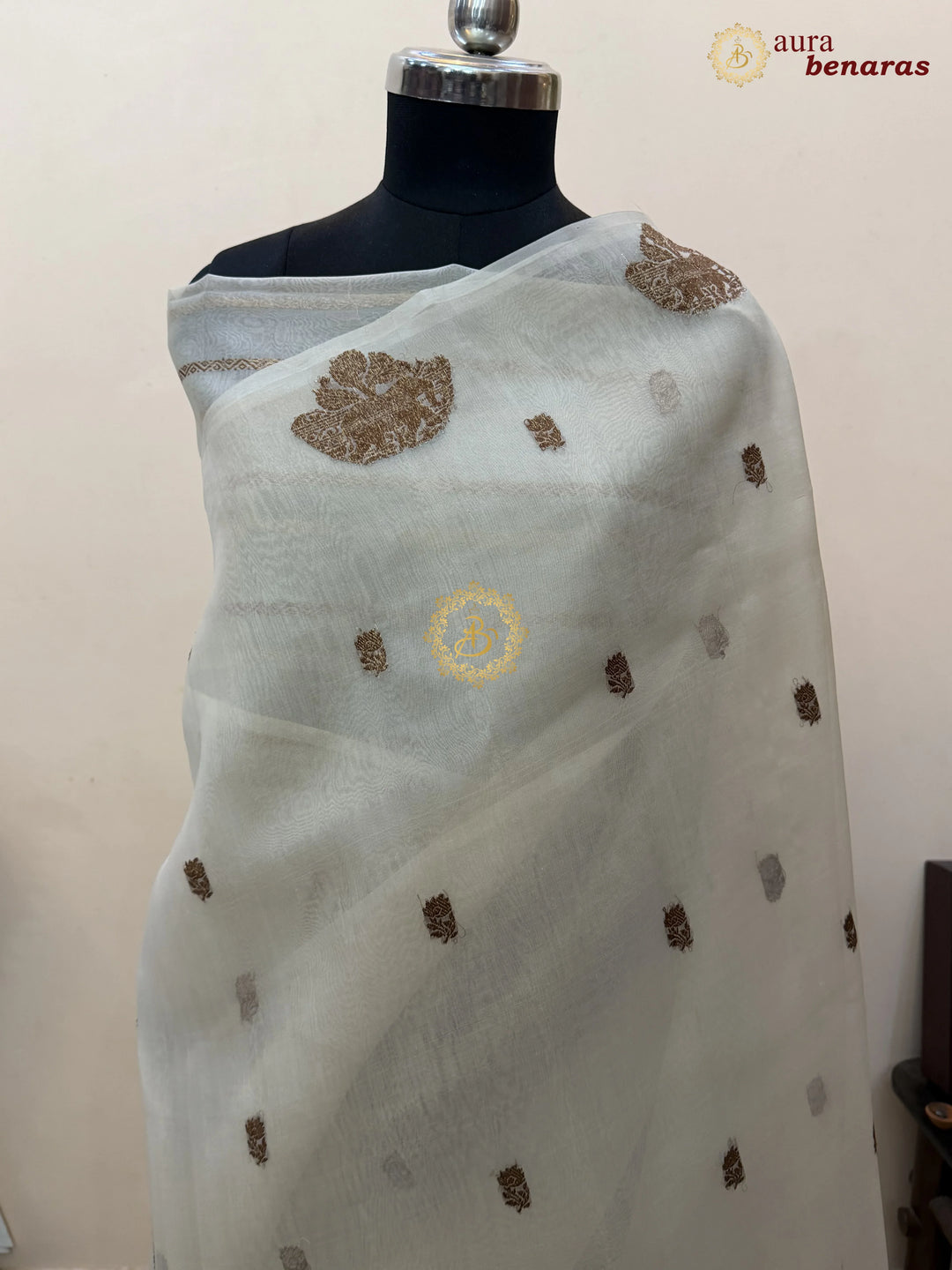 Cream Kora Silk Banarasi Saree with Antique Zari Elephant Border