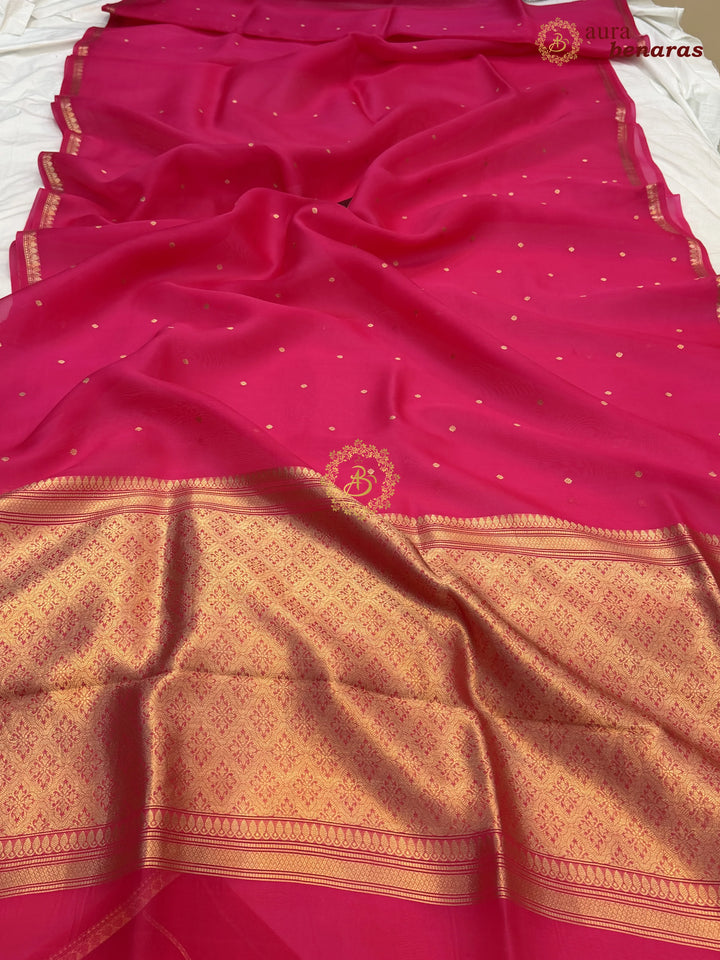 Hot Pink Kora Silk Banarasi Saree with Zari Butis 