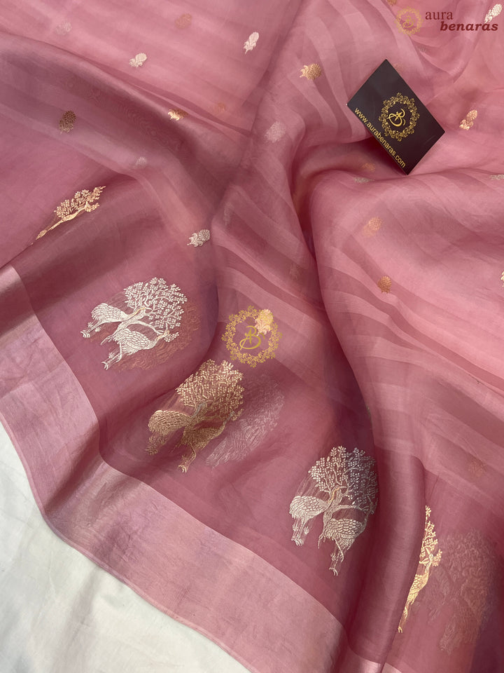 Pastel Onion Pure Kora Silk Handloom Banarasi Saree