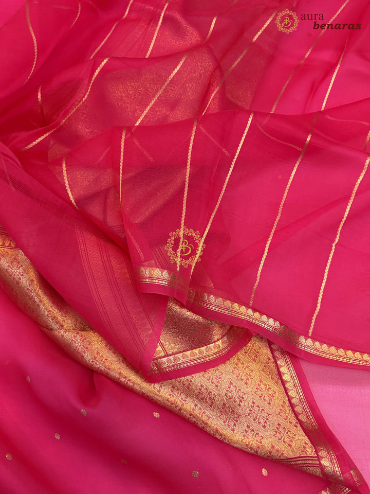 Hot Pink Kora Silk Banarasi Saree with Zari Butis 