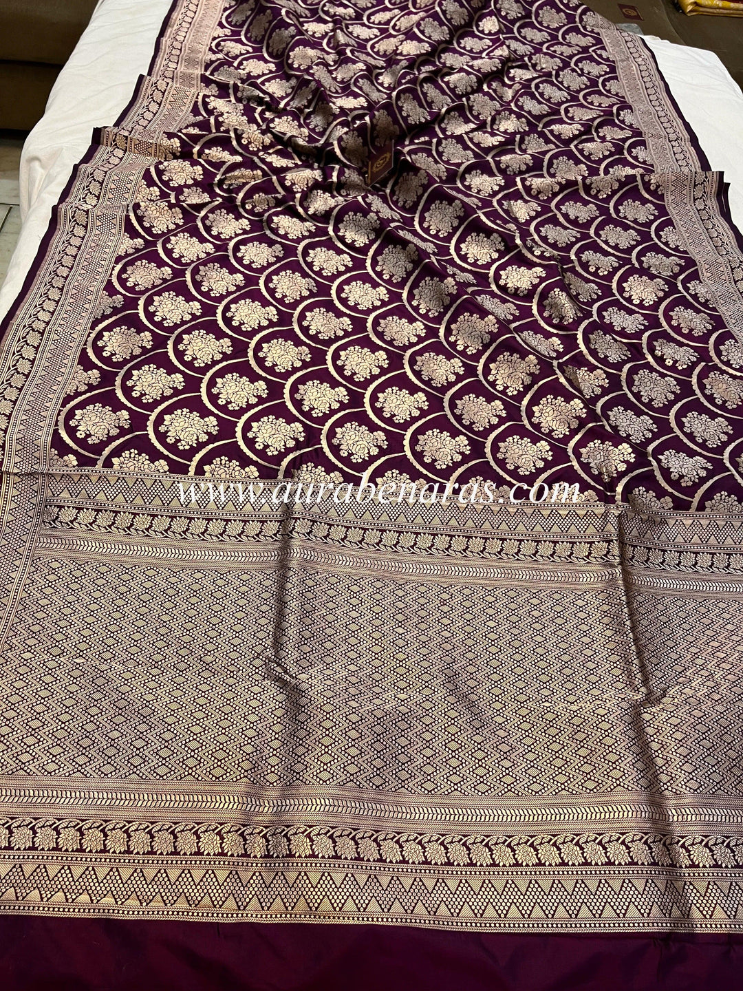Wine Pure Banarasi Handloom Katan Silk Saree - Aura Benaras