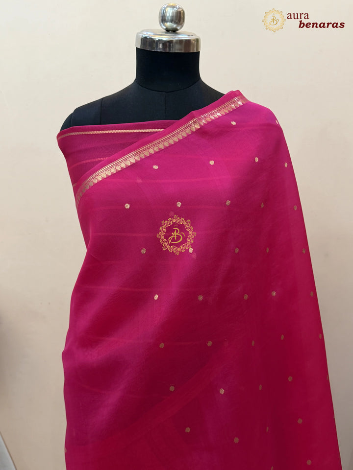 Hot Pink Kora Silk Banarasi Saree with Zari Butis 