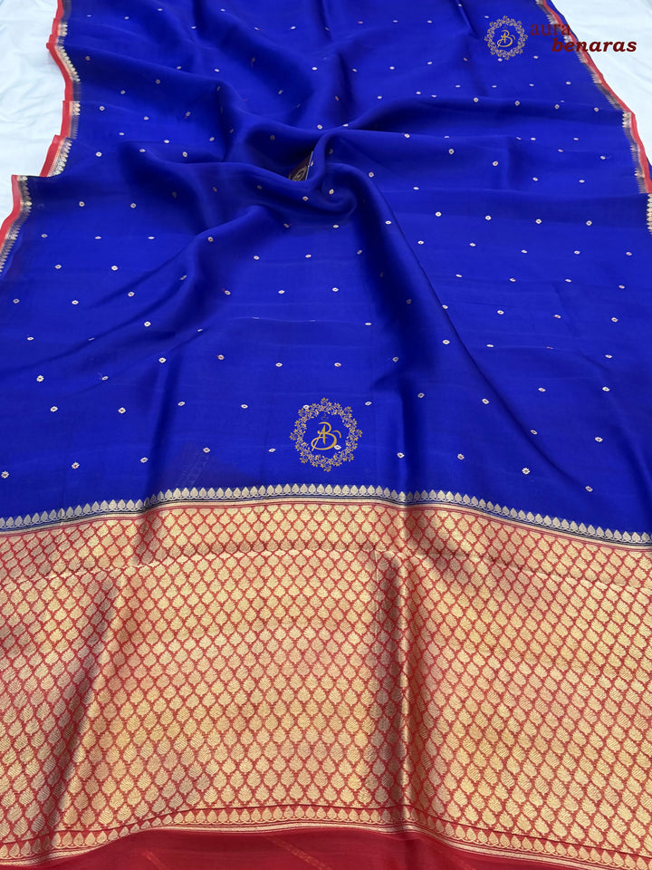 Royal Blue Kora Silk Banarasi Saree with Red Contrast Salvage