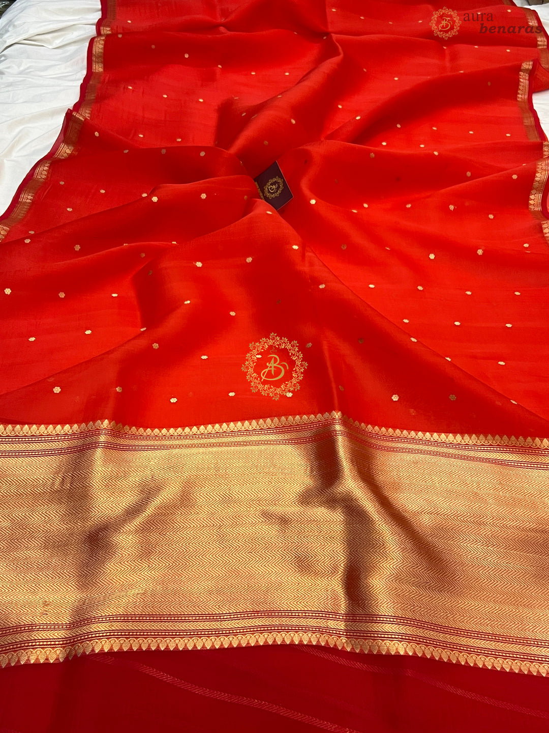 Cherry Red Pure Kora Silk Handloom Banarasi Saree