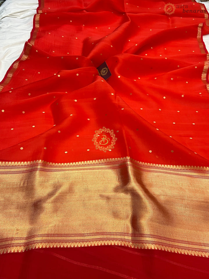 Cherry Red Pure Kora Silk Handloom Banarasi Saree