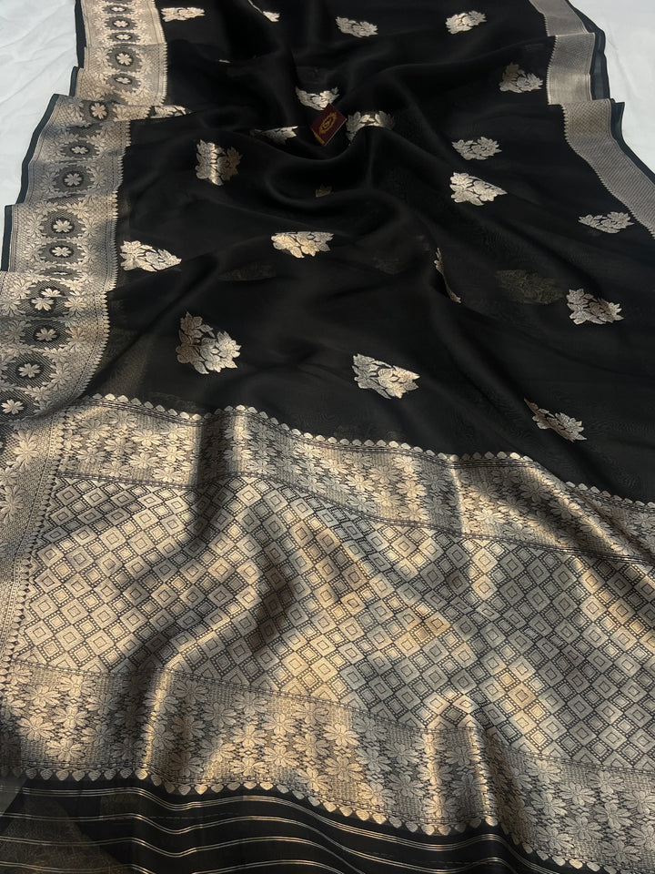 Black Pure Kora Silk Handloom Banarasi Saree