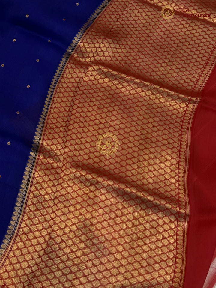 Royal Blue Kora Silk Banarasi Saree with Red Contrast Salvage