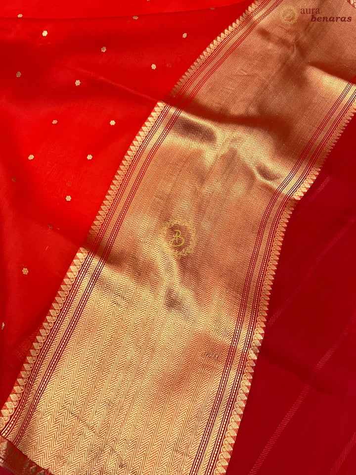 Cherry Red Pure Kora Silk Handloom Banarasi Saree