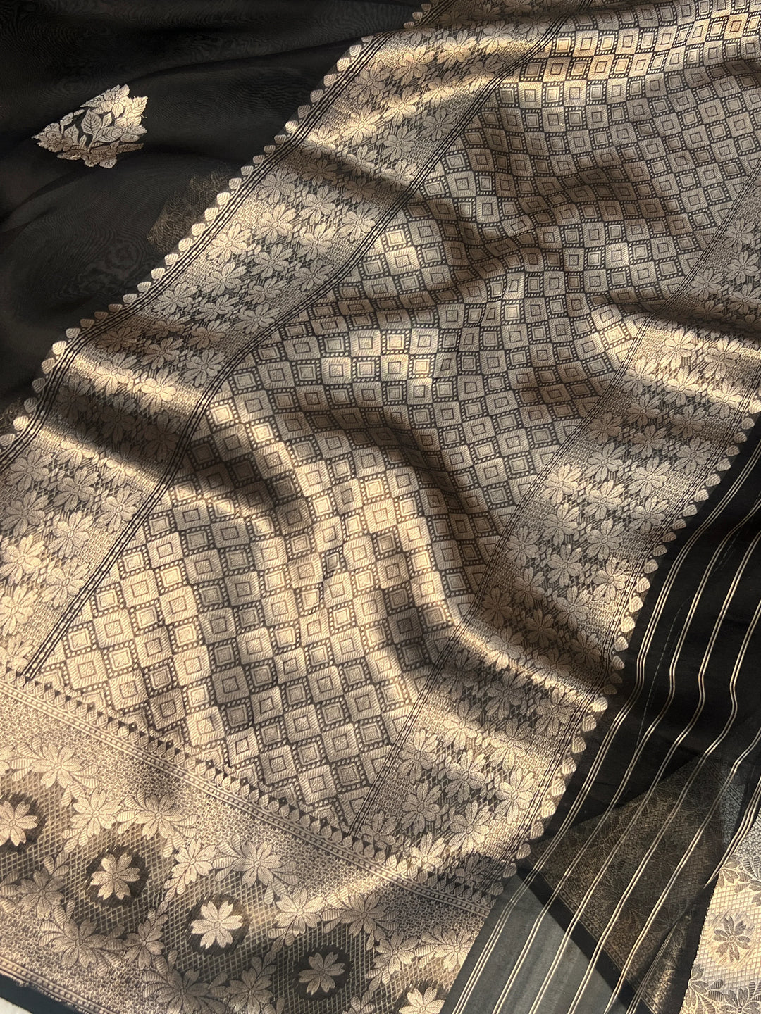 Black Pure Kora Silk Handloom Banarasi Saree