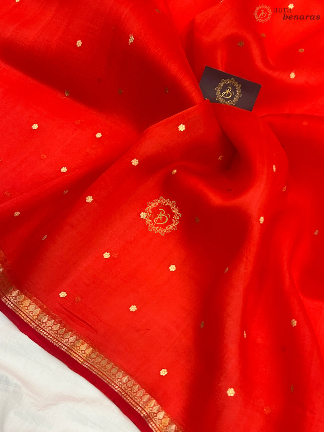 Cherry Red Pure Kora Silk Handloom Banarasi Saree