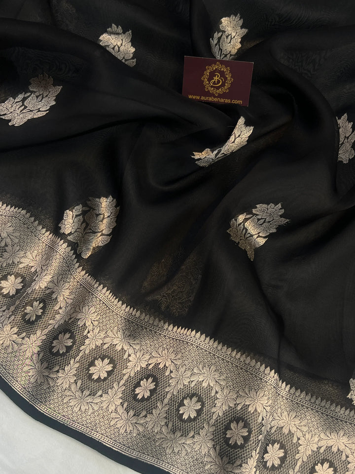 Black Pure Kora Silk Handloom Banarasi Saree