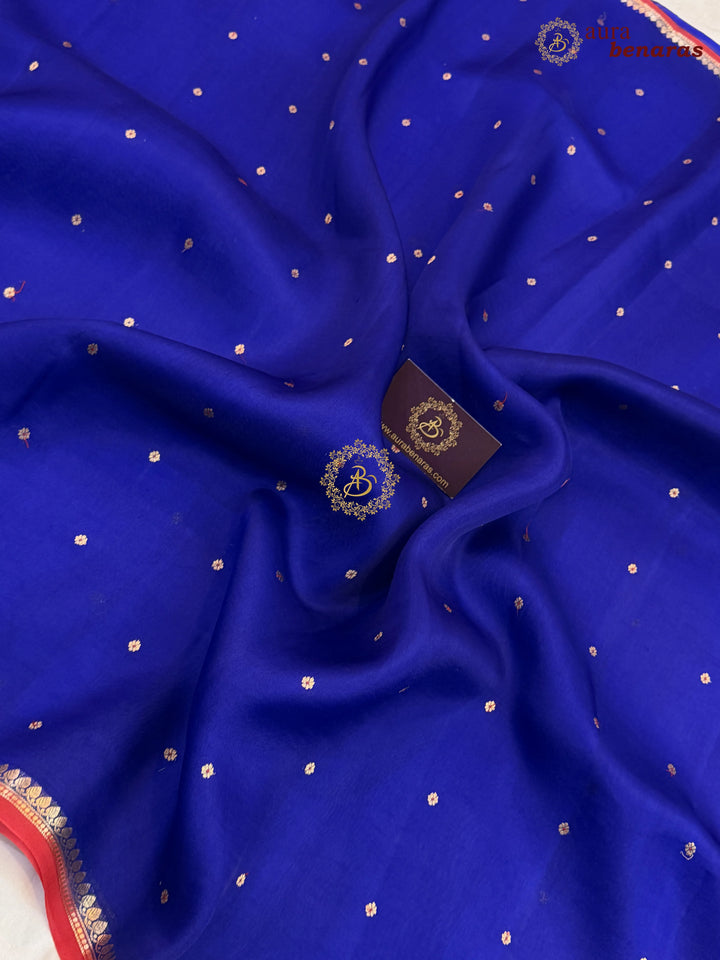 Royal Blue Kora Silk Banarasi Saree with Red Contrast Salvage