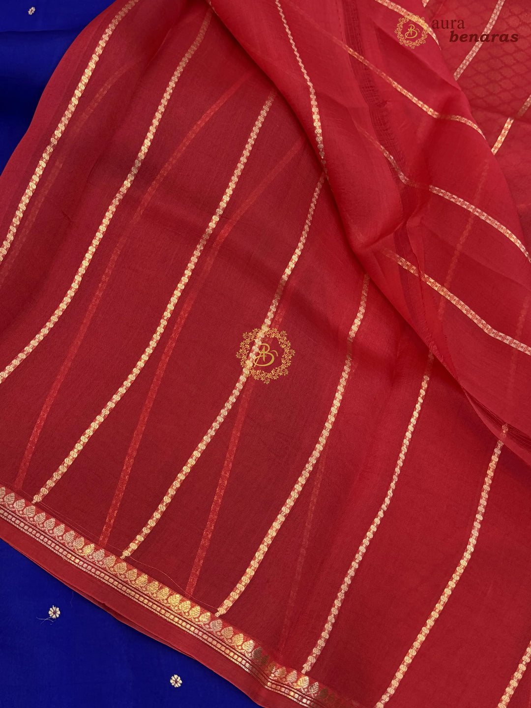 Royal Blue Kora Silk Banarasi Saree with Red Contrast Salvage