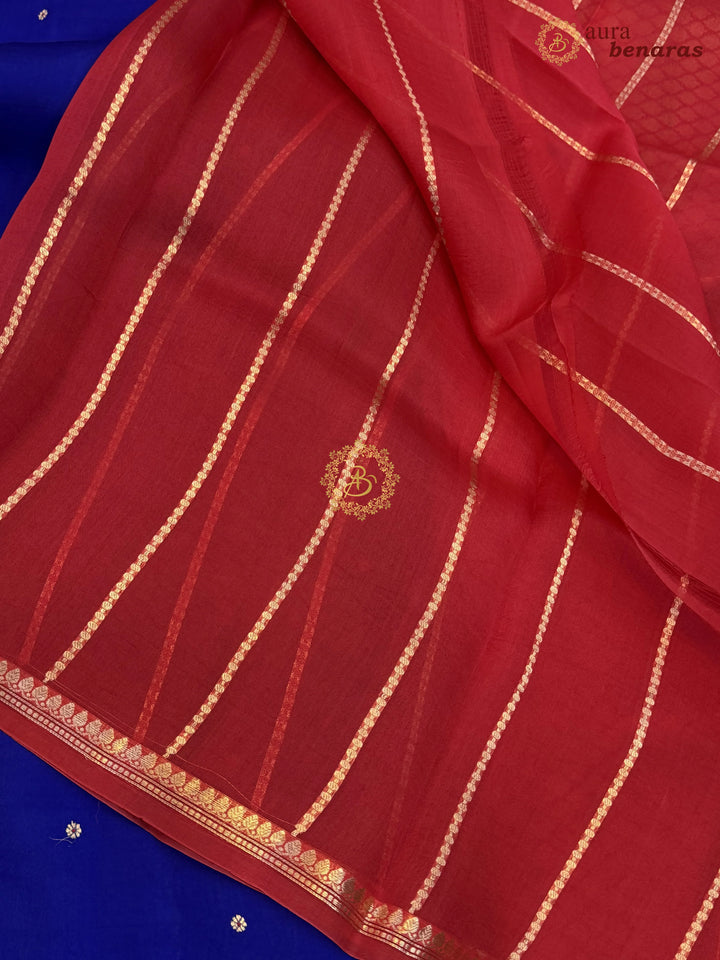 Royal Blue Kora Silk Banarasi Saree with Red Contrast Salvage