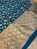 Teal Blue Pure Banarasi Handloom Katan Silk Saree - Aura Benaras