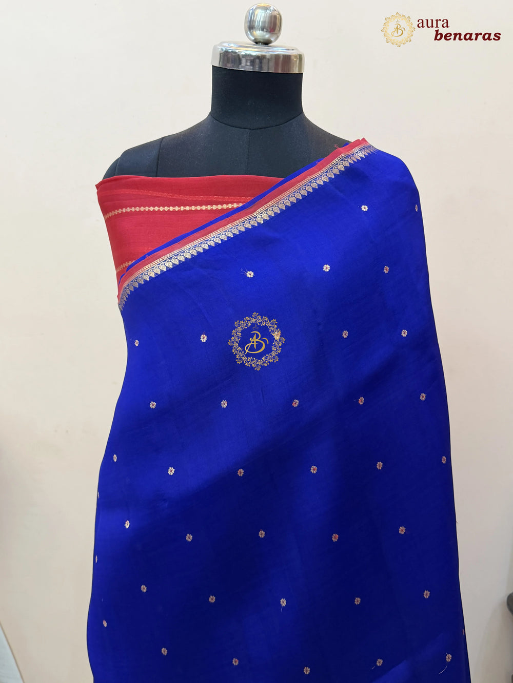 Royal Blue Kora Silk Banarasi Saree with Red Contrast Salvage