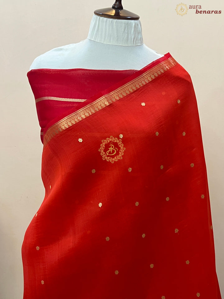 Cherry Red Pure Kora Silk Handloom Banarasi Saree